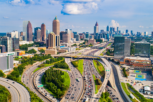Skyline of Atlanta with cars on highway