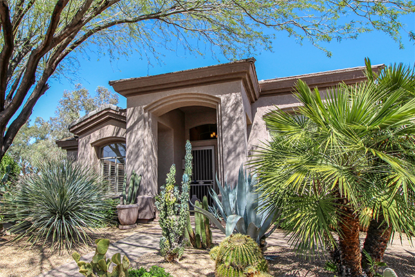 small house with cacti and plants in the yard