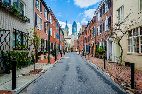 Narrow street of historic townhouses