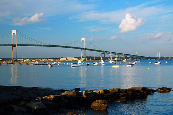 View of the bay with sailboats and bridge