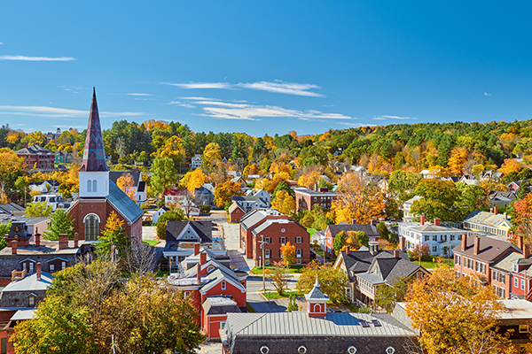 Aerial view of a small town in Vermont with church steeples