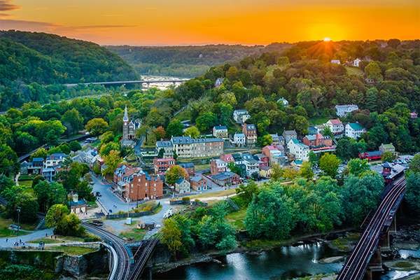 Aerial view of mountain town in West Virginia