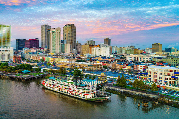 City skyline with river boat casino