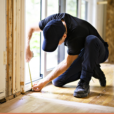 Repair man measuring damaged doorway