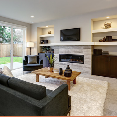 Clean modern living room with sliding glass doors