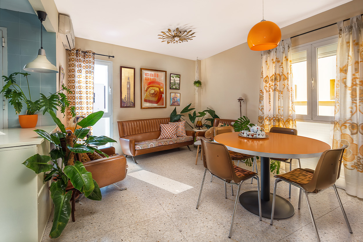 Retro living room with dated flooring and detail