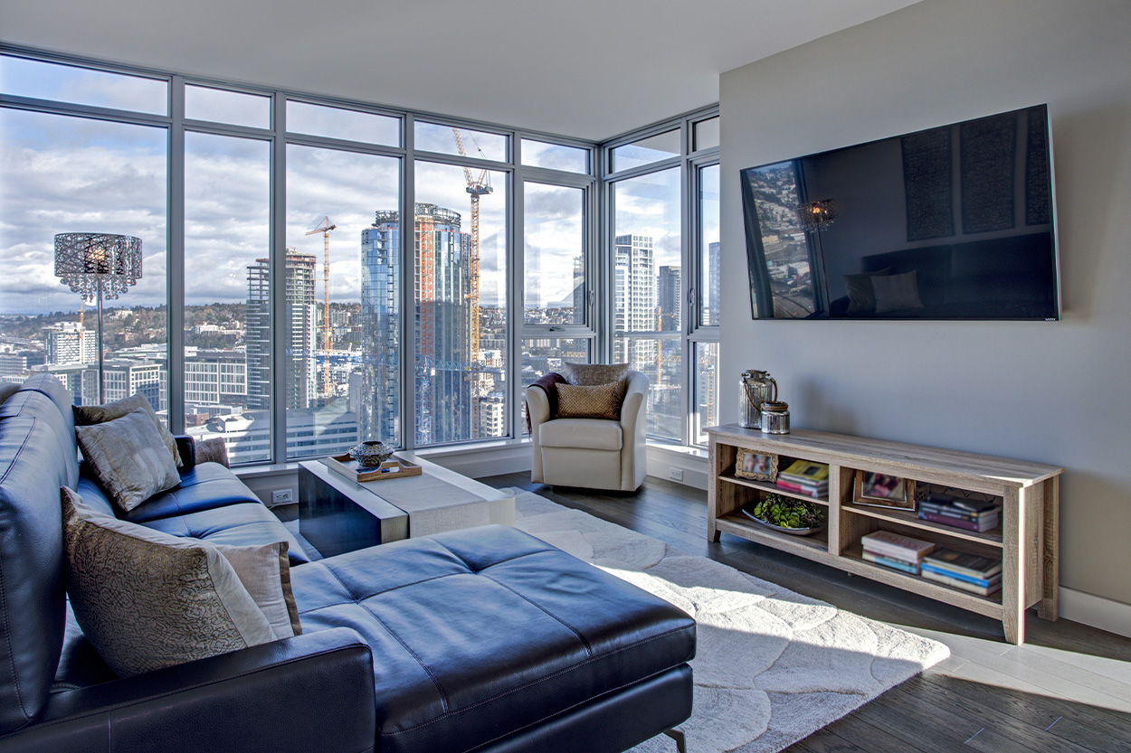 Interior of city condo with a view of downtown