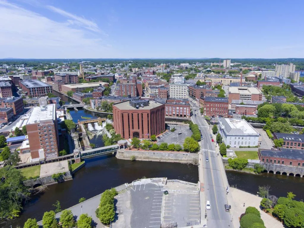 An aerial shot of Lowell, MA